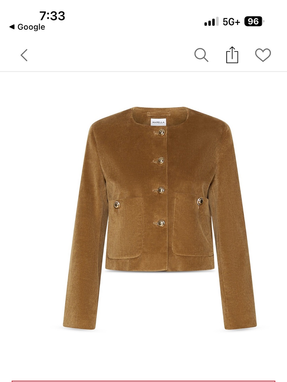 Marella Women's Camel Corduroy Crewneck Jacket